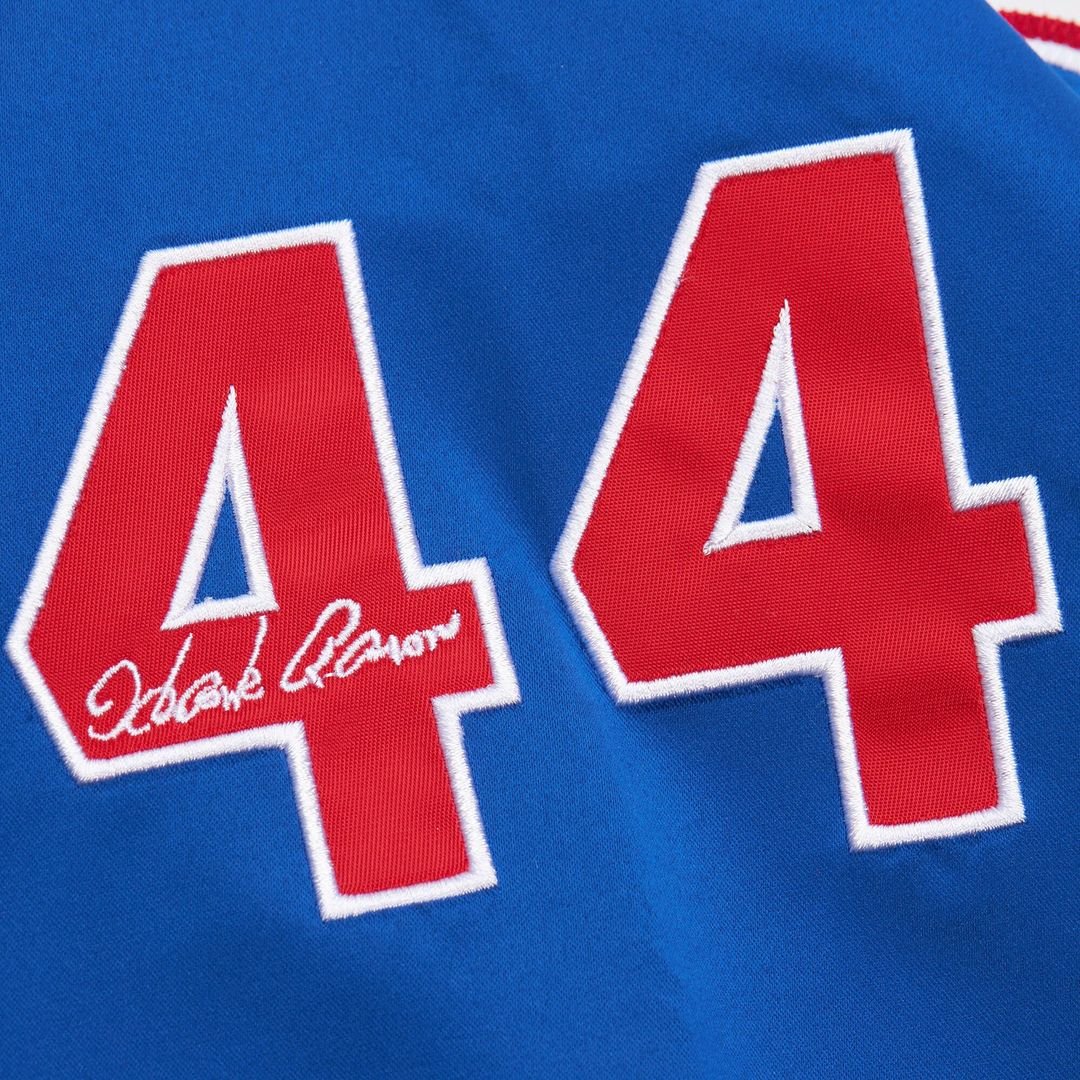 Atlanta Braves Hank Aaron Mitchell & Ness Cooperstown Legends Lightweight Satin Raglan Full - Snap Jacket - White/Royal Sports Fan Apparel
