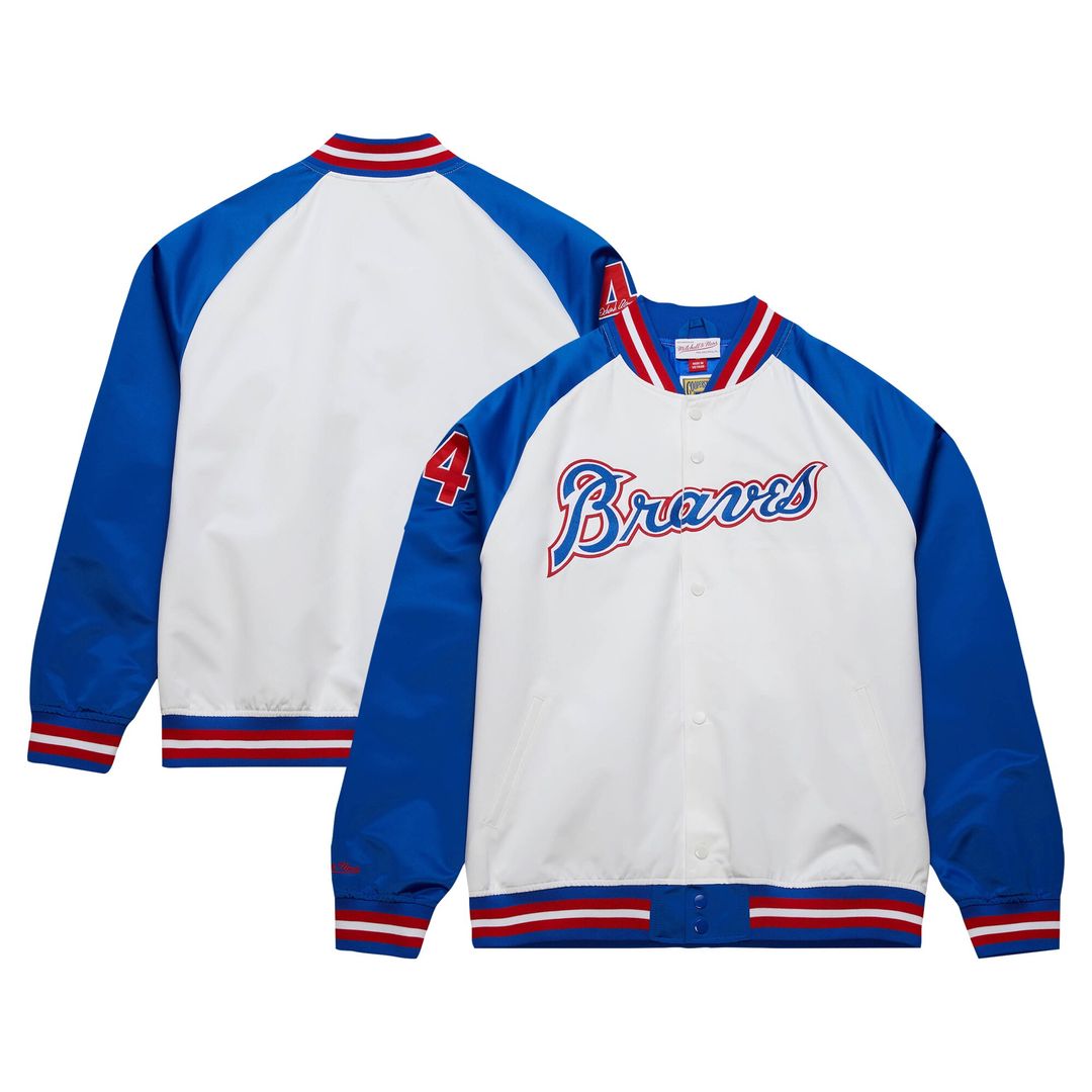 Atlanta Braves Hank Aaron Mitchell & Ness Cooperstown Legends Lightweight Satin Raglan Full - Snap Jacket - White/Royal Sports Fan Apparel