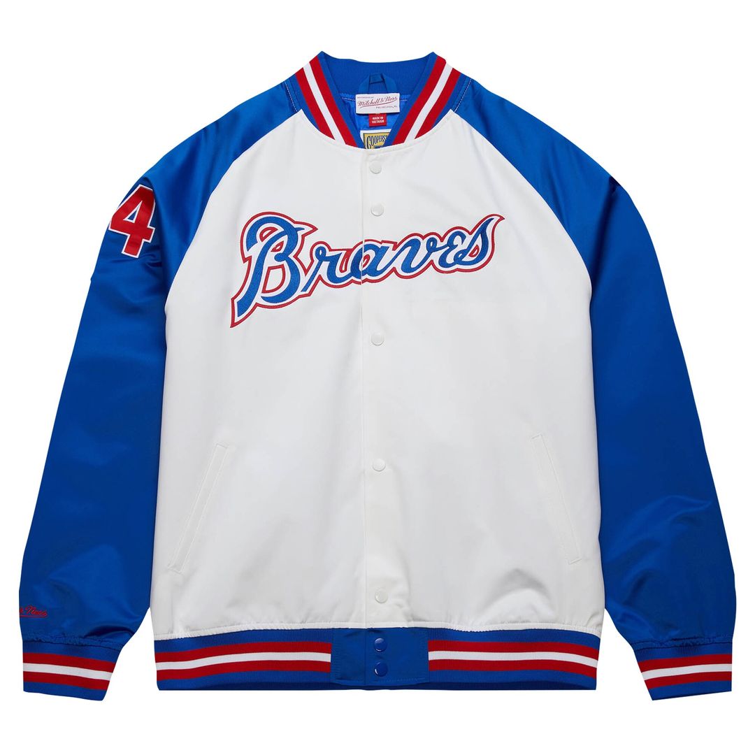 Atlanta Braves Hank Aaron Mitchell & Ness Cooperstown Legends Lightweight Satin Raglan Full - Snap Jacket - White/Royal Sports Fan Apparel
