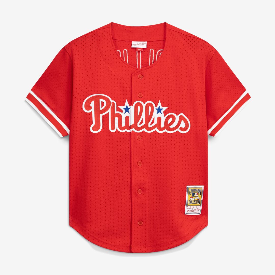 Philadelphia Phillies Jimmy Rollins Mitchell & Ness Cooperstown Mesh Batting Practice Button - Up Jersey - Red Team Jersey Sports Fan Apparel