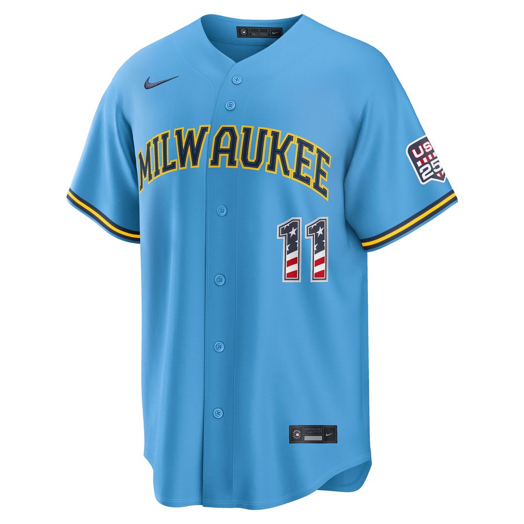 Milwaukee Brewers Jackson Chourio Nike USA 250 Fourth of July Road Stadium Jersey - Light Blue Team Jersey Sports Fan Apparel
