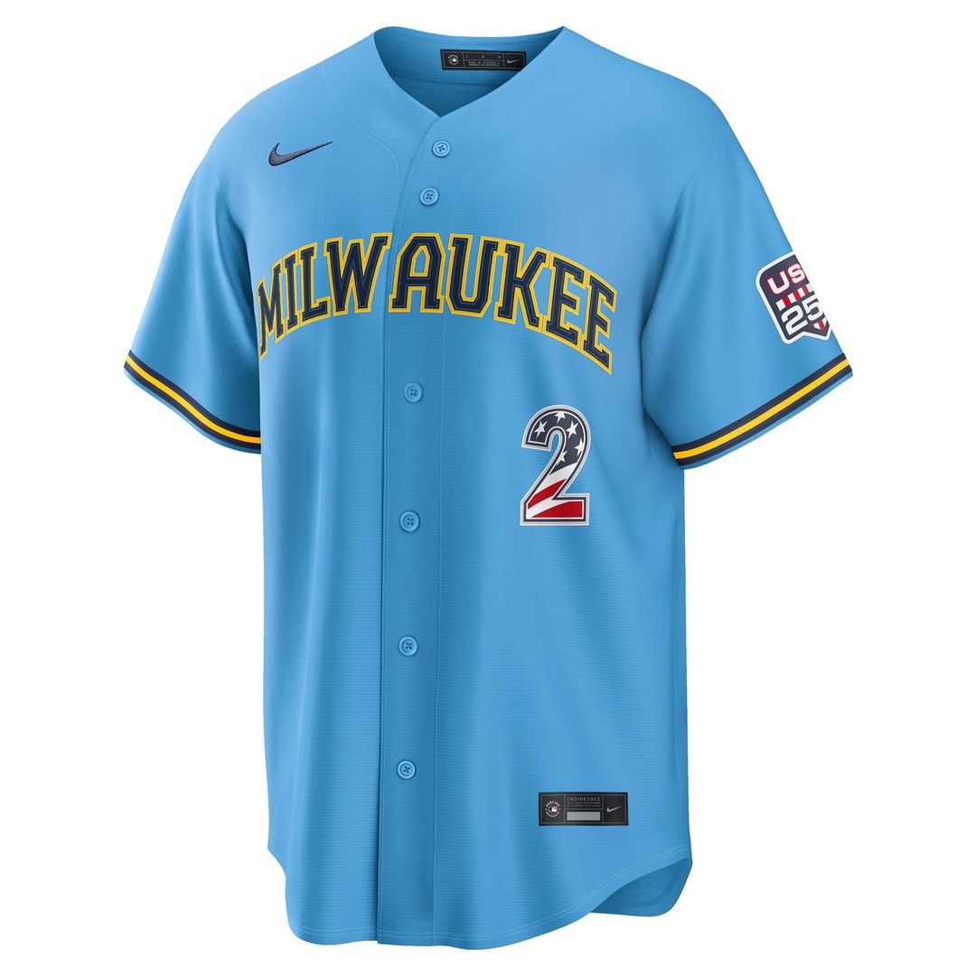 Milwaukee Brewers Brice Turang Nike USA 250 Fourth of July Road Stadium Jersey - Light Blue Team Jersey Sports Fan Apparel