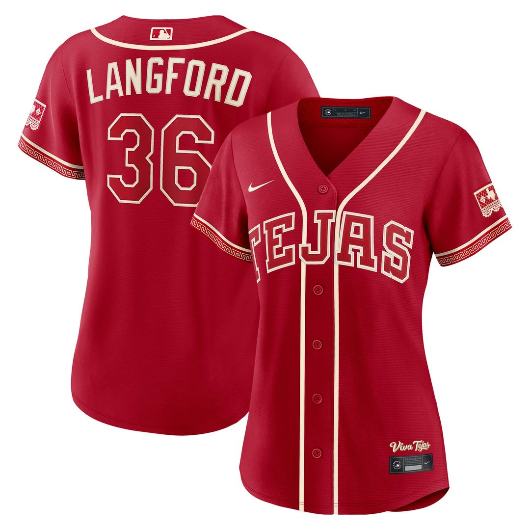 Texas Rangers Wyatt Langford Nike Women's 2026 City Connect Stadium Jersey - Red Team Jersey Sports Fan Apparel