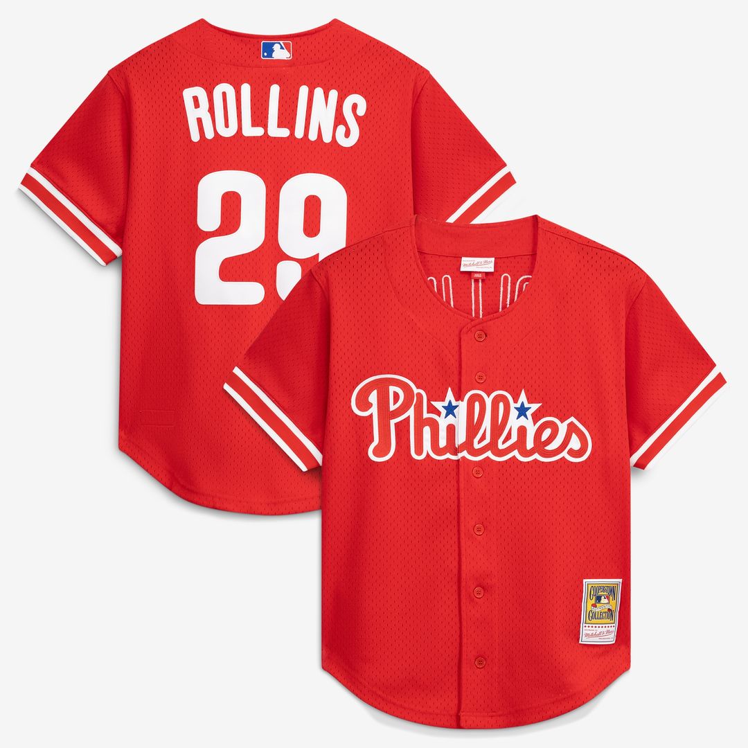 Philadelphia Phillies Jimmy Rollins Mitchell & Ness Cooperstown Mesh Batting Practice Button - Up Jersey - Red Team Jersey Sports Fan Apparel