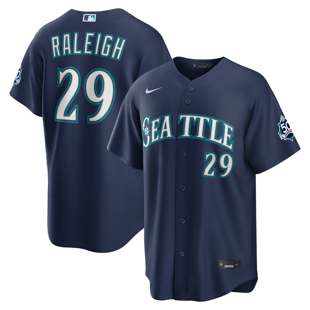 Seattle Mariners Cal Raleigh Nike Road Stadium 50th Season Patch Jersey - Navy Team Jersey Sports Fan Apparel