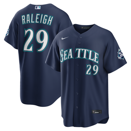 Seattle Mariners Cal Raleigh Nike Road Stadium 50th Season Patch Jersey - Navy Team Jersey Sports Fan Apparel
