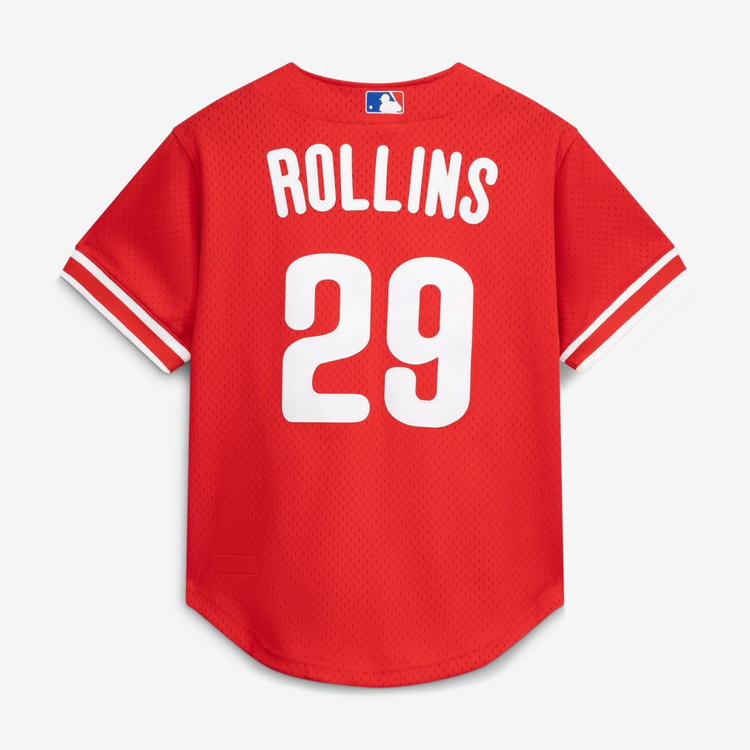 Philadelphia Phillies Jimmy Rollins Mitchell & Ness Cooperstown Mesh Batting Practice Button - Up Jersey - Red Team Jersey Sports Fan Apparel