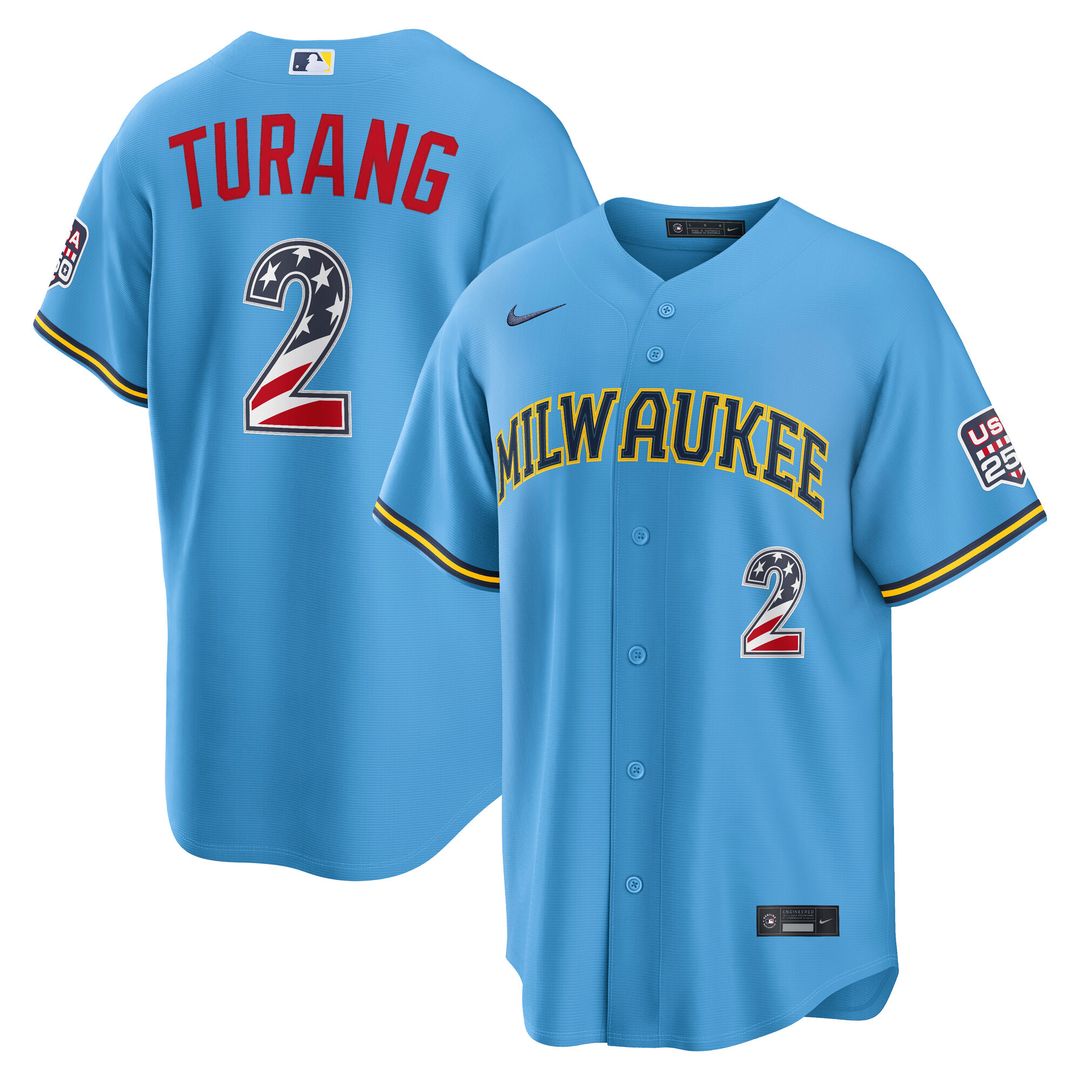 Milwaukee Brewers Brice Turang Nike USA 250 Fourth of July Road Stadium Jersey - Light Blue Team Jersey Sports Fan Apparel